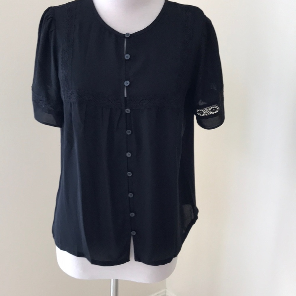 New! Ann Taylor small black front button blouse with lace inserts.